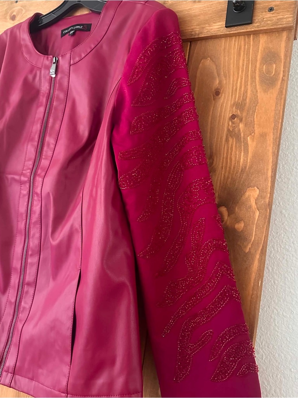 Colleen Lopez Deep Magenta Leather Jacket with Beaded Sleeve Detail